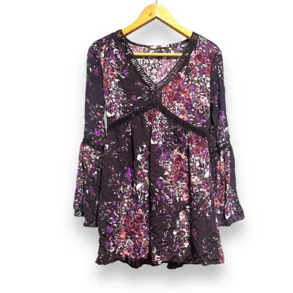 Lovestitch Dark Purple Floral Bell Sleeve Mini Dress Women’s Size Medium Boho - Picture 1 of 16